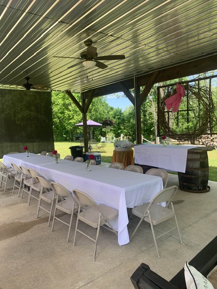 The Pavilion event venue at Faith Family Farms — covered outdoor space on the Finley River in Ozark, Missouri